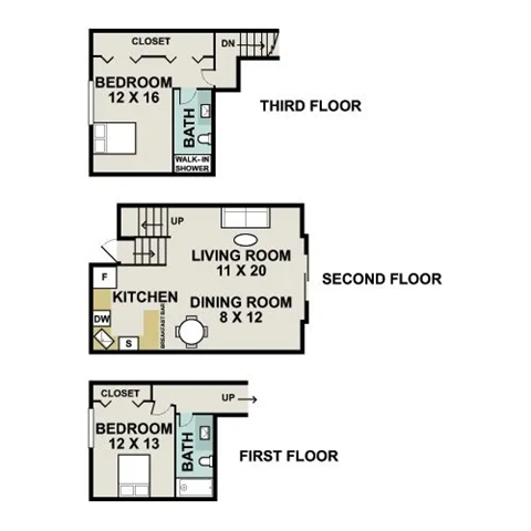 Floor plan for 2 beds, 2 baths, 1275 sqft